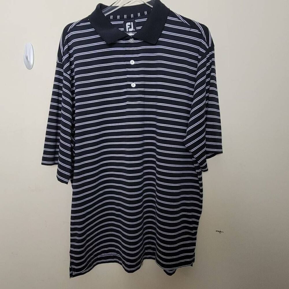 FOOTJOY FJ Mens ProDry Lisle Polo Shirt Black/White/Blue Stretch striped XL